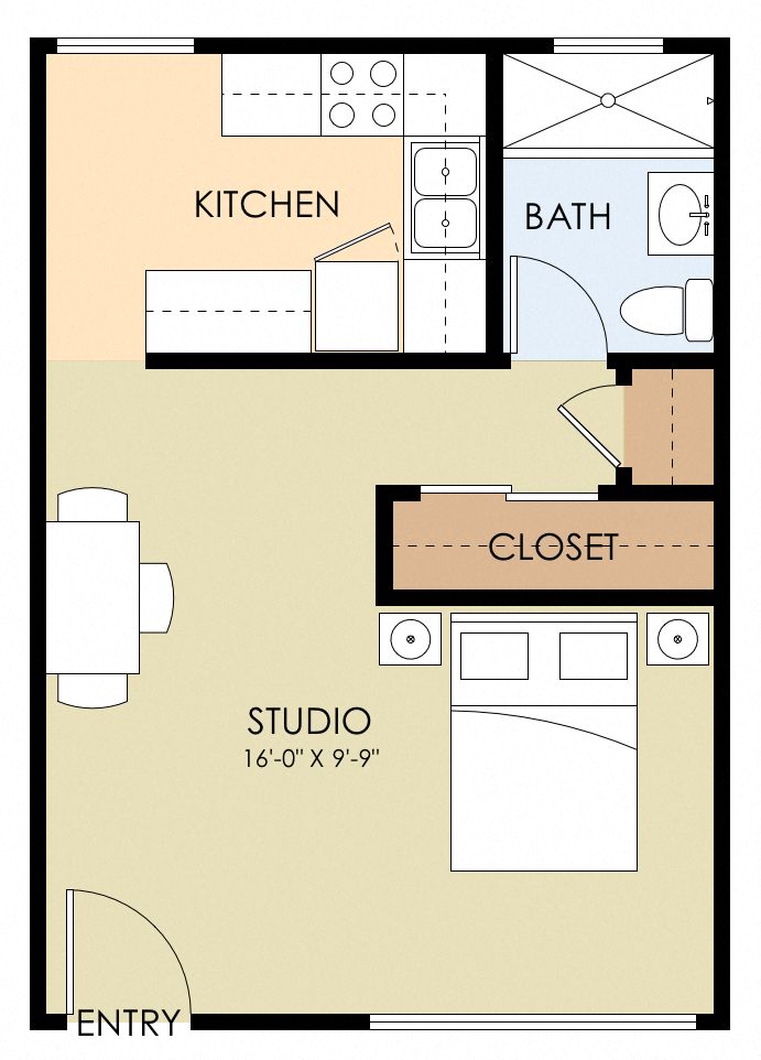 Floor plan for studio, 1 bath, 376 sqft
